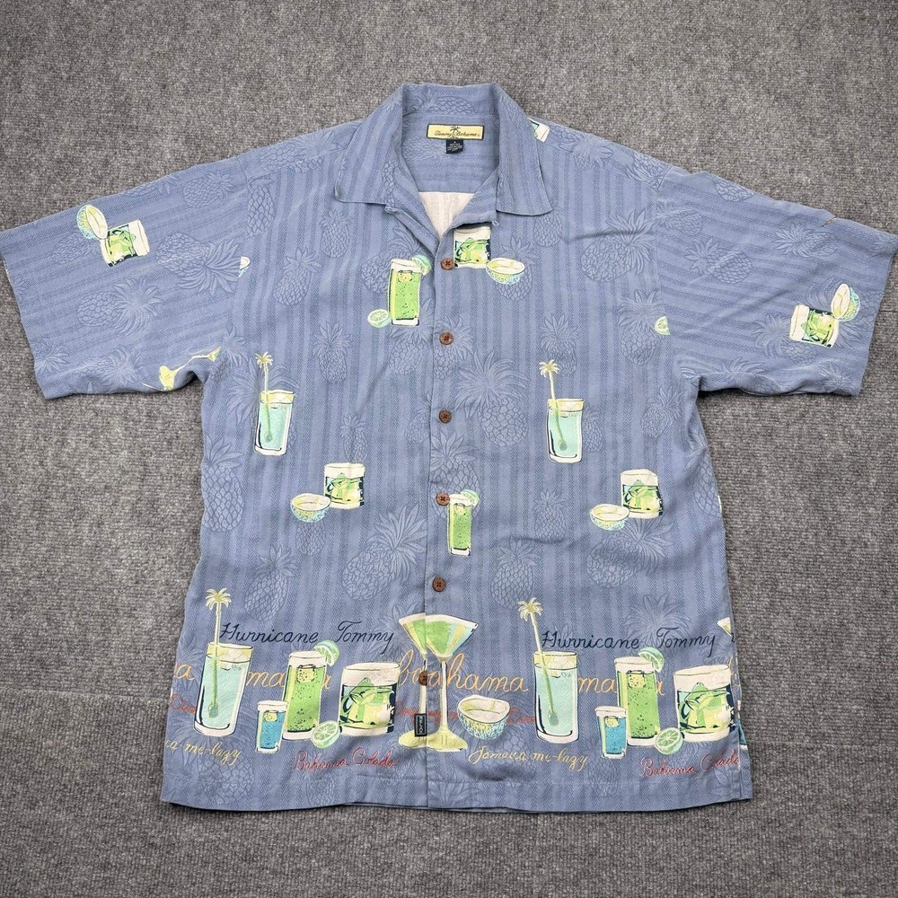 Tommy Bahama Shirt Mens Medium Blue Silk Tropical Cocktail Pineapple Jacquard